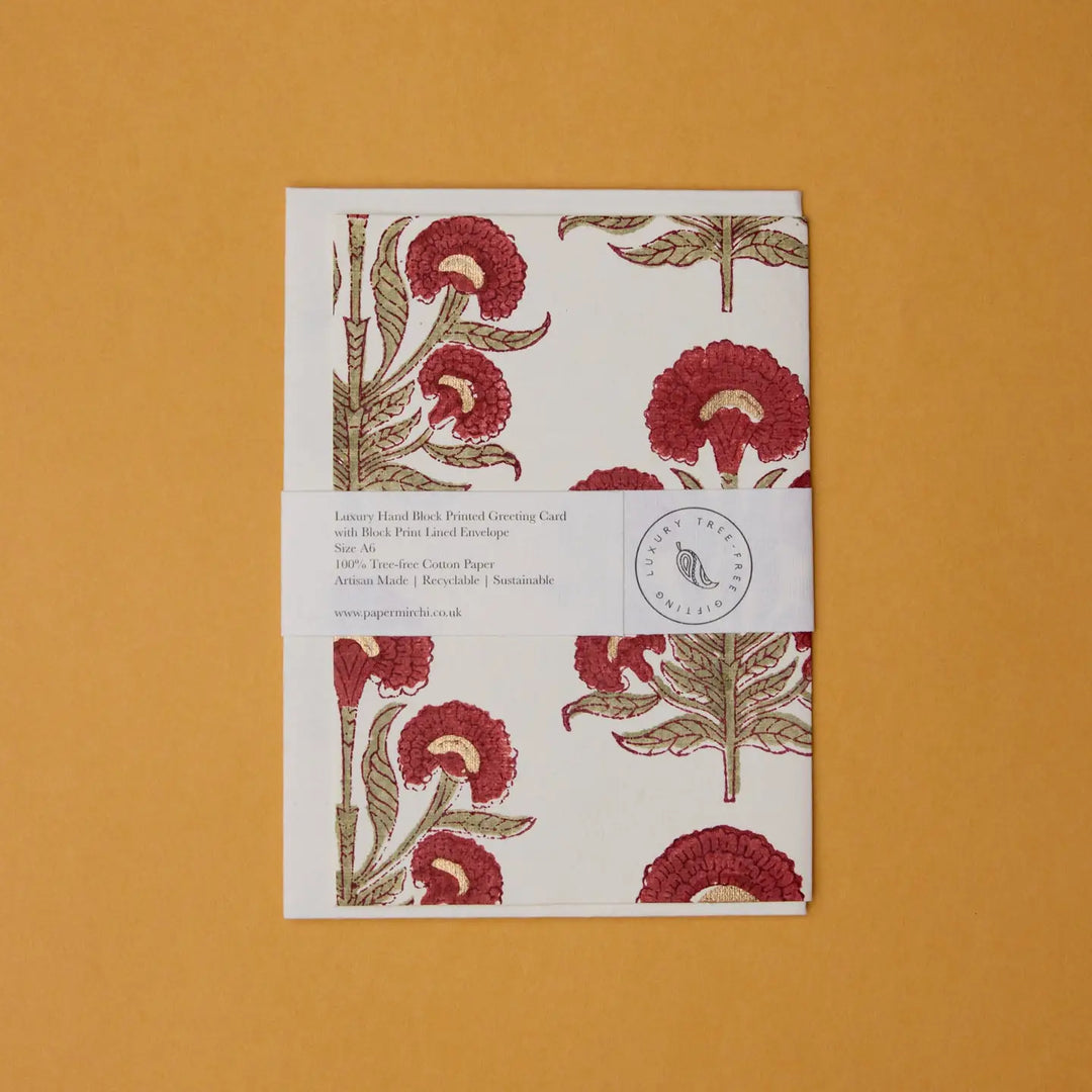Hand Block Printed Greeting Card - Aurora Winter Red