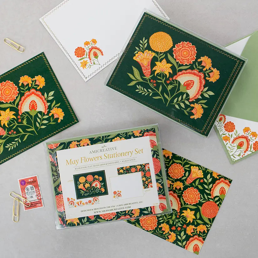 Green Botanical Luxury Stationery Set – 8 Flat Notecards