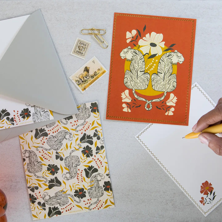 Jungle Tiger Floral Luxury Stationery Set – 8 Flat Notecards