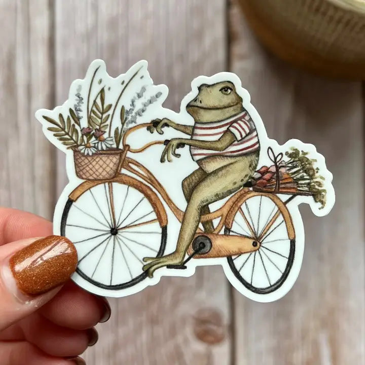 Frog On Bicycle Vinyl Sticker