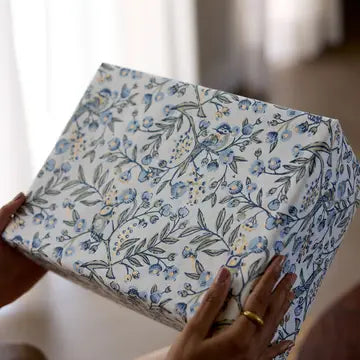 Hand Block Printed Gift Wrap Sheets - Song Birds Blue Stone (Roll of 3)