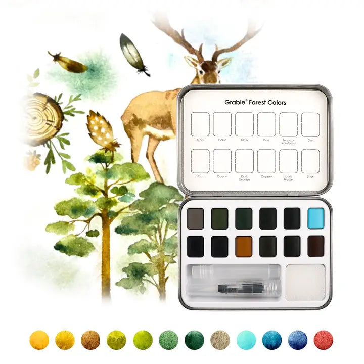 Watercolor Pocket Set of 12 Colors with Brush - Forest Colors