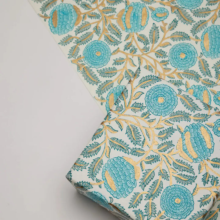 Hand Block Printed Gift Wrap Sheets - Marigold Glitz Turquoise (Roll)