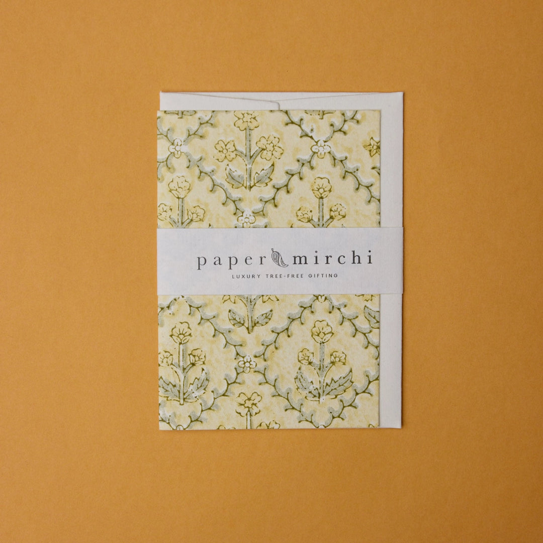 Hand Block Printed Greeting Card - Floral Lattice Buttercream