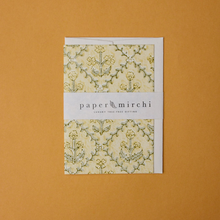 Hand Block Printed Greeting Card - Floral Lattice Buttercream