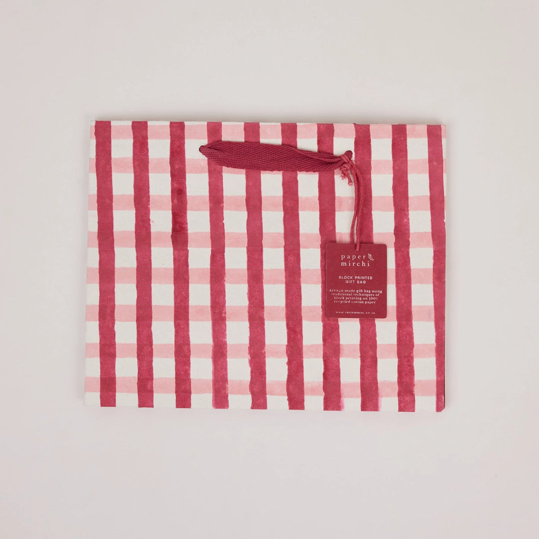Hand Block Printed Gift Bags - Gingham Christmas Pudding