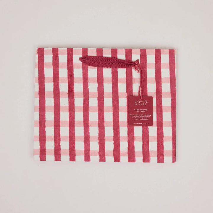 Hand Block Printed Gift Bags - Gingham Christmas Pudding