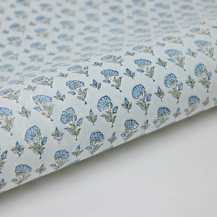Hand Block Printed Gift Wrap Sheets - Ditsy Floral Blue Stone (Roll of 3)