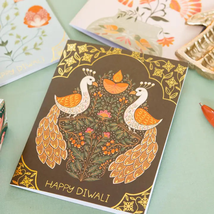 Gold Foil Diwali Card with Peacocks