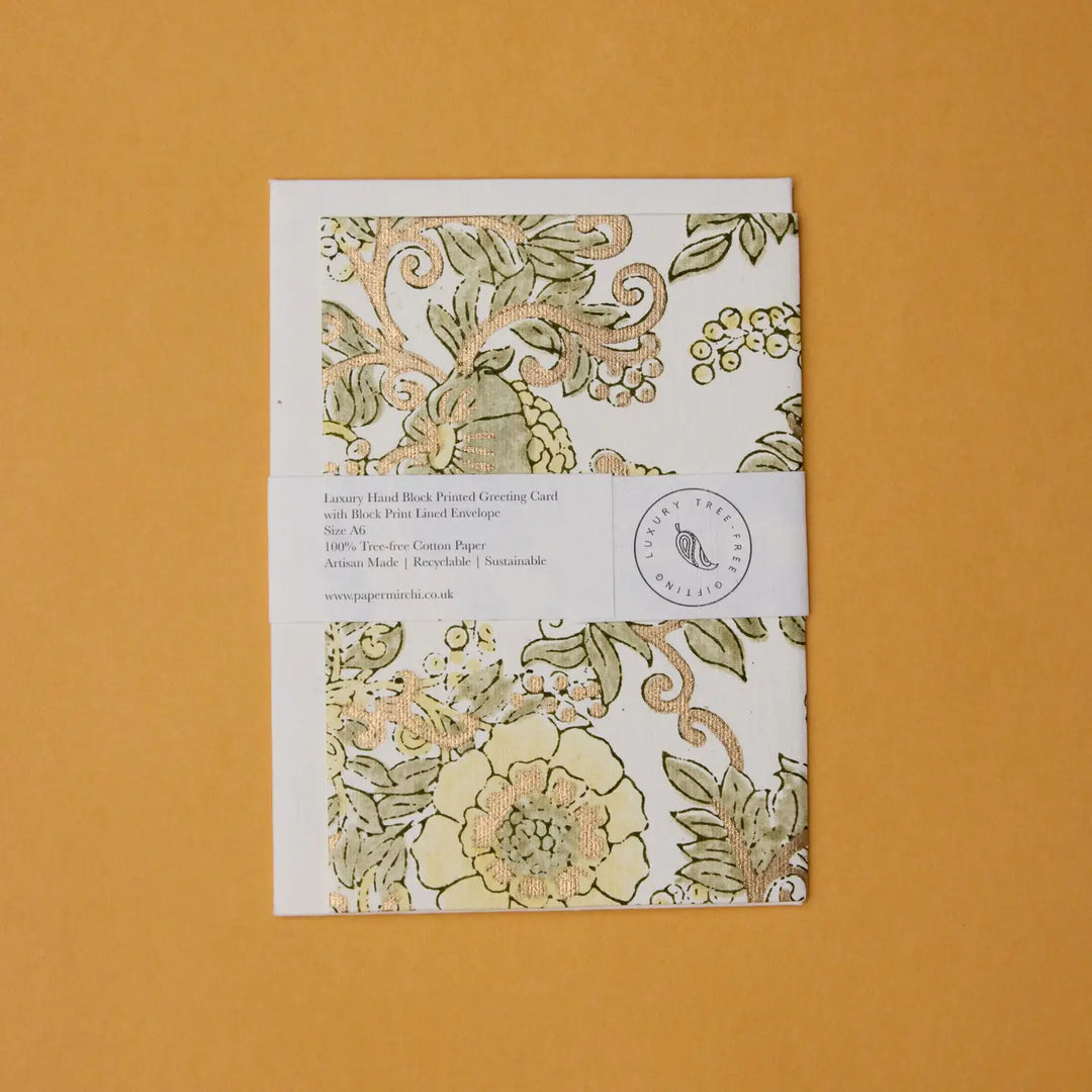 Hand Block Printed Greeting Card - Wild Rose Buttercream