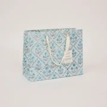 Hand Block Printed Gift Bags - Floral Lattice Blue Opal