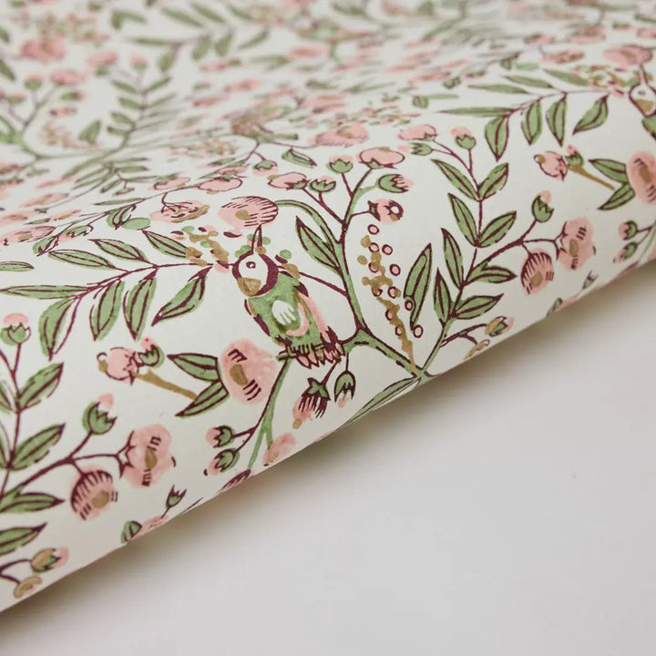 Hand Block Printed Gift Wrap Sheets - Song Birds Blush (Roll of 3)