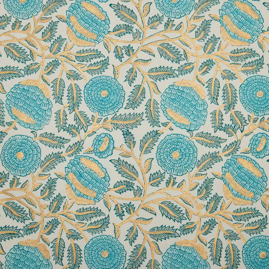 Hand Block Printed Gift Wrap Sheets - Marigold Glitz Turquoise (Roll)