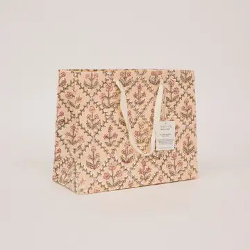 Hand Block Printed Gift Bags - Floral Lattice Terracotta
