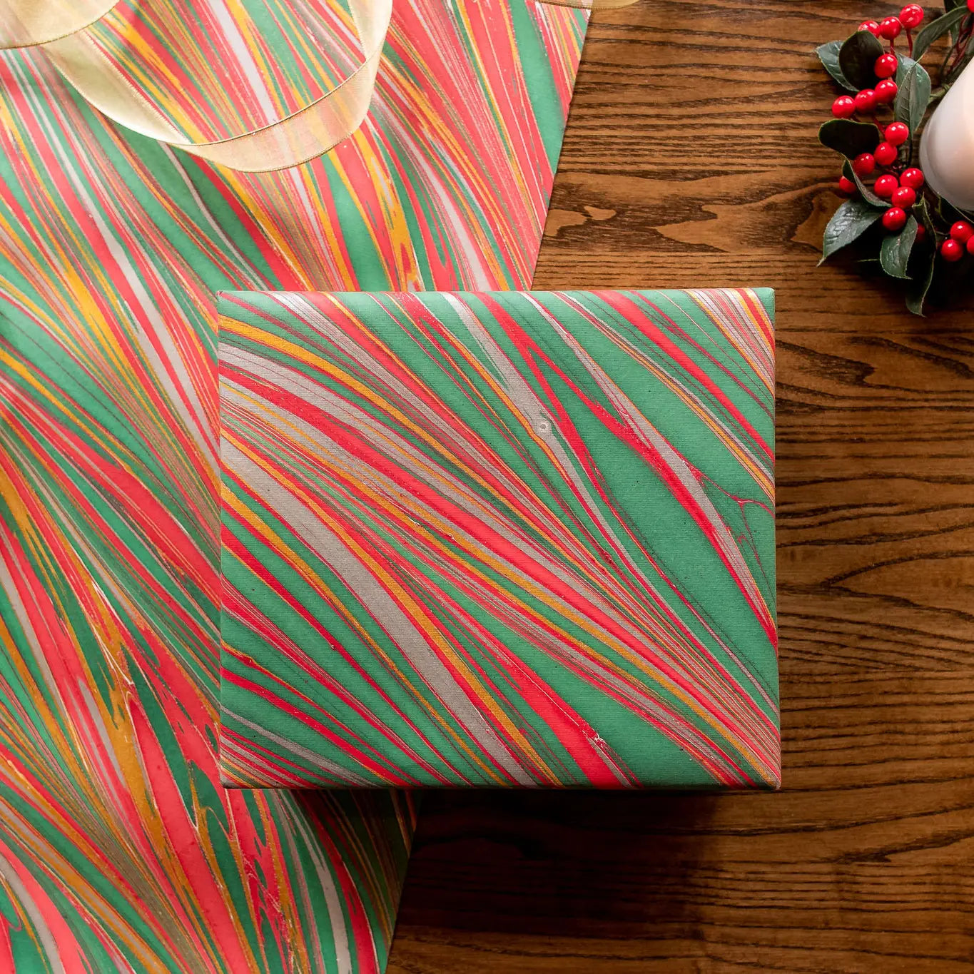 Hand Marbled Gift Wrap Sheets - Striations Festive Mix (Roll)
