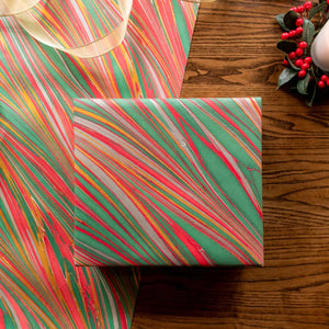 Hand Marbled Gift Wrap Sheets - Striations Festive Mix (Roll)