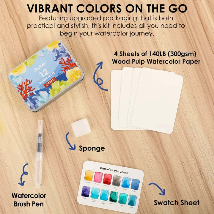 Watercolor Pocket Set of 12 Colors with Brush - Ocean Colors