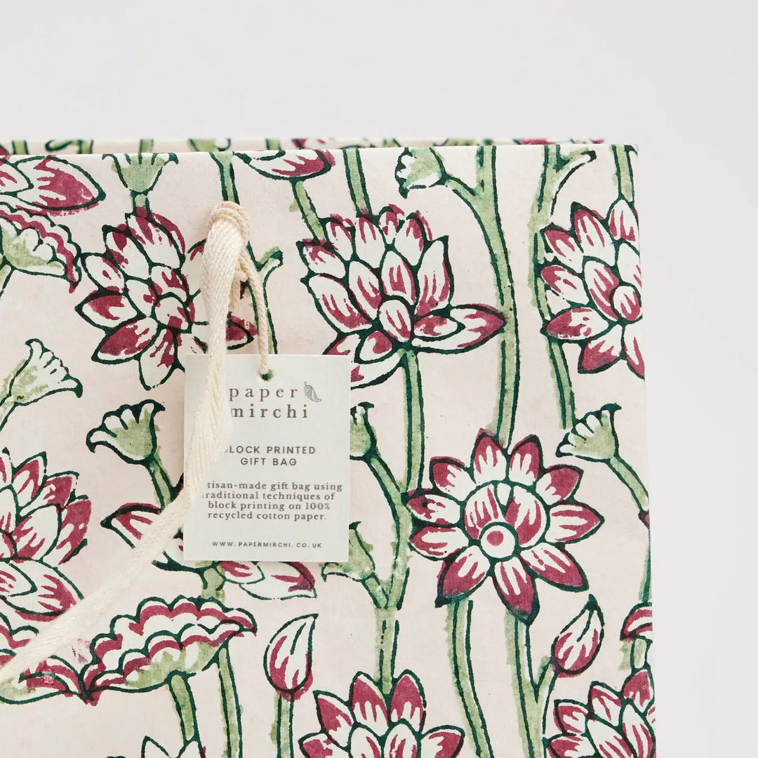 Hand Block Printed Gift Bags - Lotus Cherry