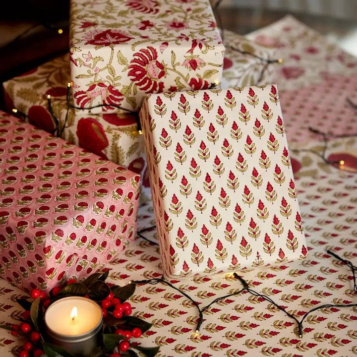 Hand Block Printed Gift Wrap Sheets - Buti Scarlet (Roll)