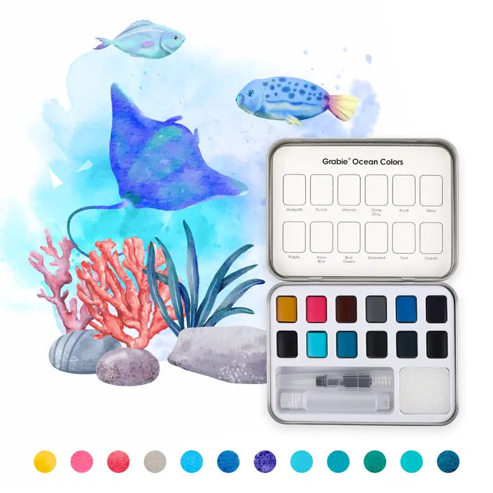 Watercolor Pocket Set of 12 Colors with Brush - Ocean Colors