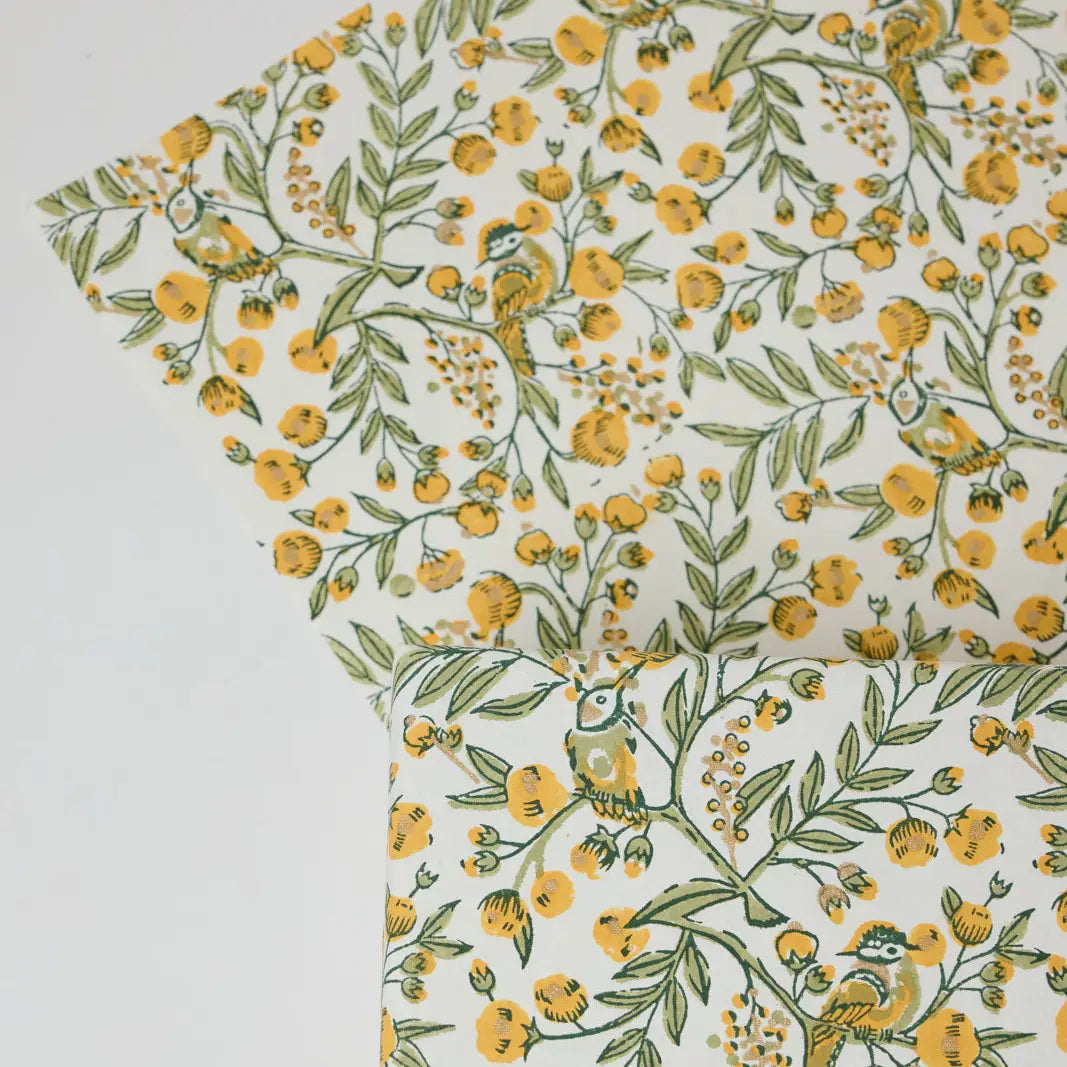 Hand Block Printed Gift Wrap Sheets - Song Birds Sunshine (Roll of 3)