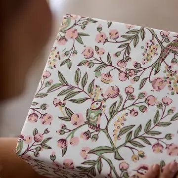 Hand Block Printed Gift Wrap Sheets - Song Birds Blush (Roll of 3)