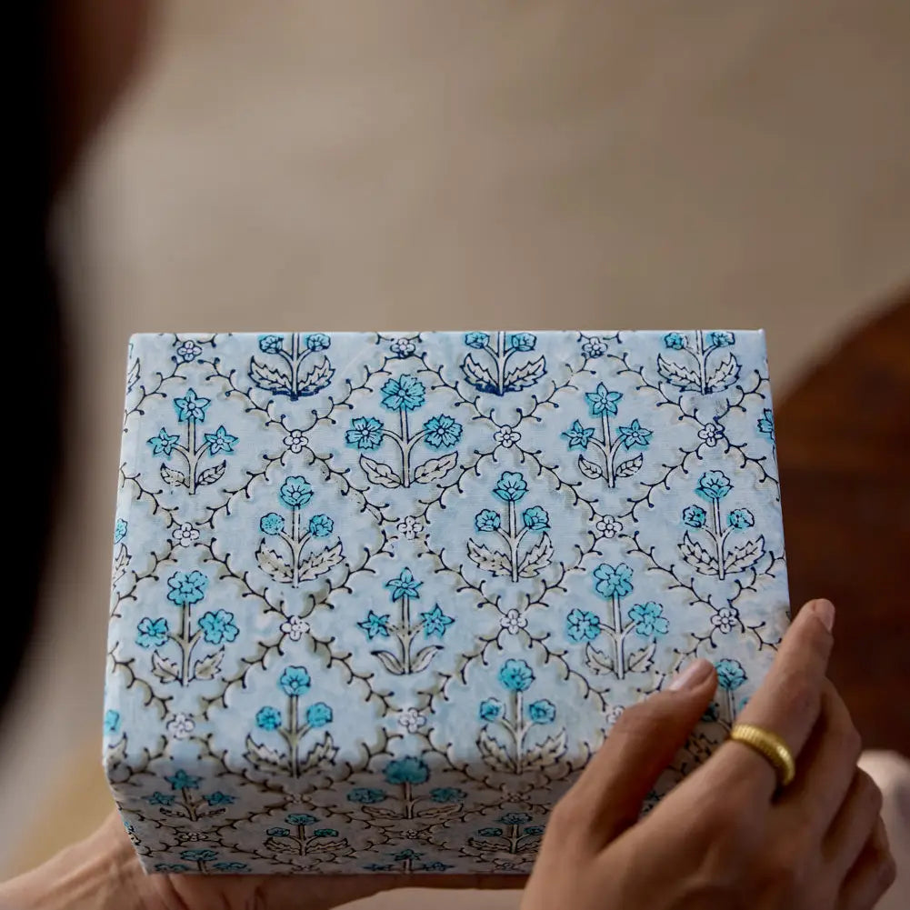 Hand Block Printed Gift Wrap Sheets - Floral Lattice Blue Opal (Roll of 3)