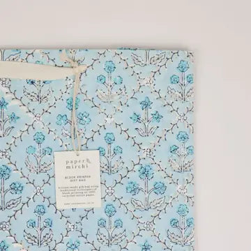 Hand Block Printed Gift Bags - Floral Lattice Blue Opal