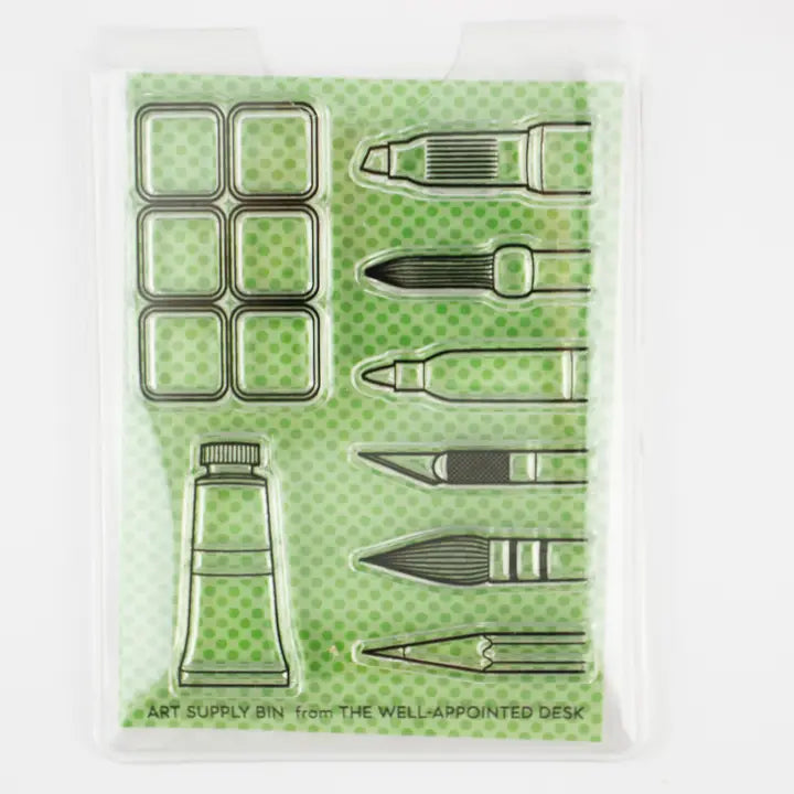 Art Supply Bin - Pens, Brushes, Markers, Paint- 3"x4" Clear Stamp Set (8 Stamp Designs)