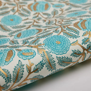 Hand Block Printed Gift Wrap Sheets - Marigold Glitz Turquoise (Roll)