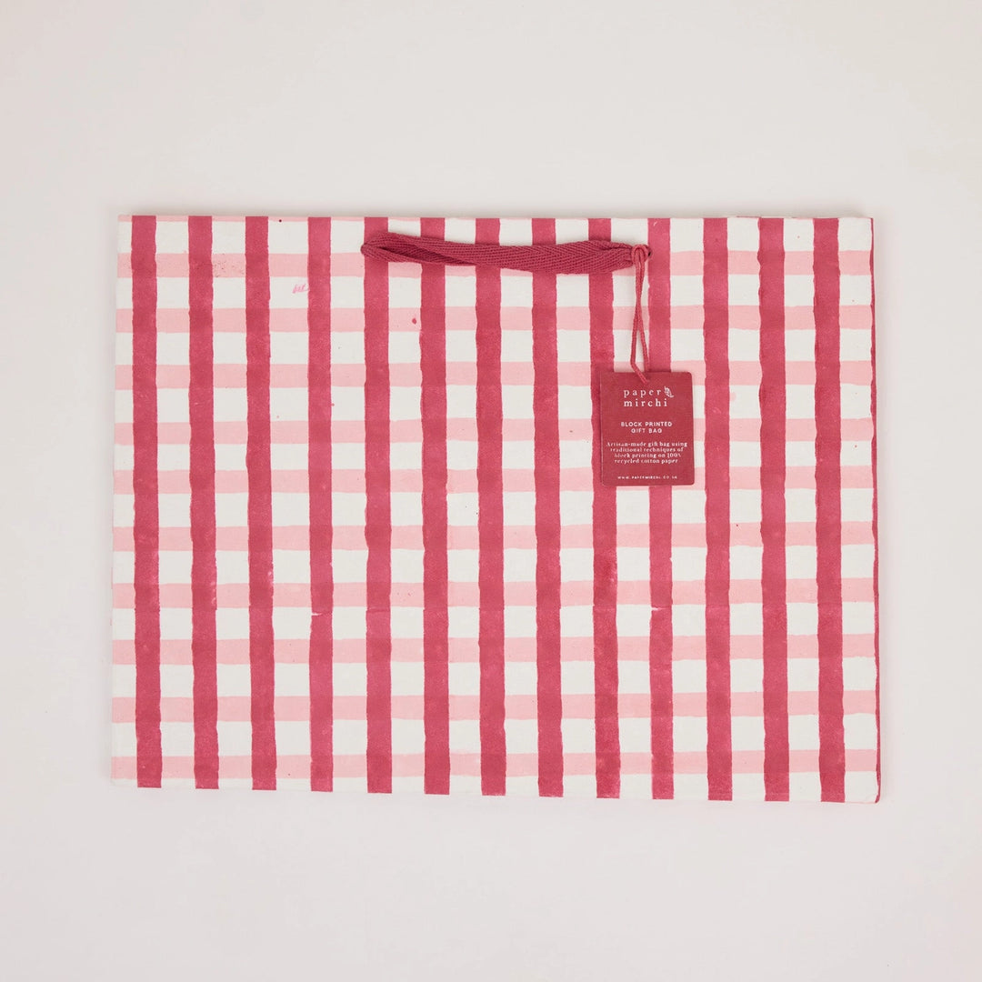 Hand Block Printed Gift Bags - Gingham Christmas Pudding