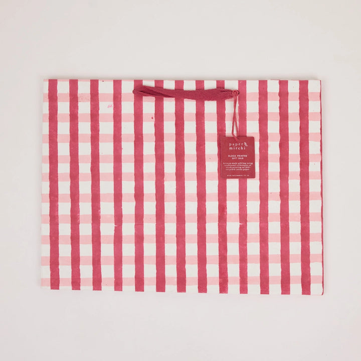 Hand Block Printed Gift Bags - Gingham Christmas Pudding