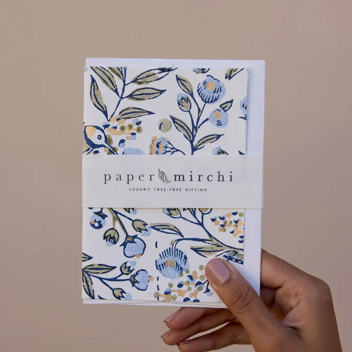 Hand Block Printed Greeting Card - Song Birds Blue Stone