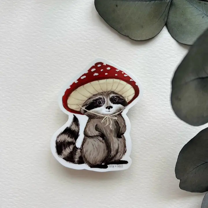 Raccoon With Mushroom Cap Vinyl Sticker