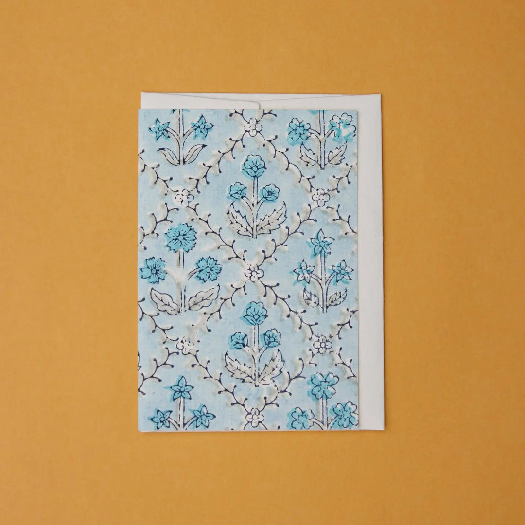 Hand Block Printed Greeting Card - Floral Lattice Blue Opal