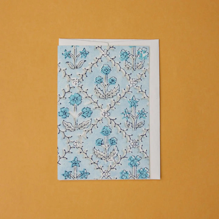 Hand Block Printed Greeting Card - Floral Lattice Blue Opal