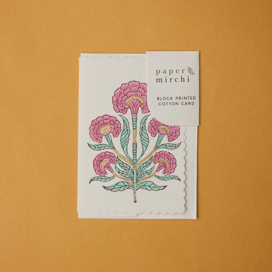 Hand Block Printed Greeting Card - Poppy Mint Rose