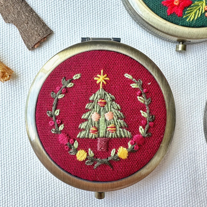 Red Floral Embroidered Compact Mirror