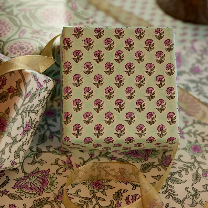 Hand Block Printed Gift Wrap Sheets - Daisy Teal (Roll)