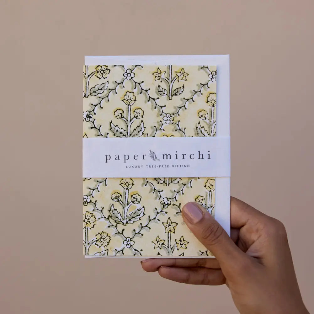 Hand Block Printed Greeting Card - Floral Lattice Buttercream