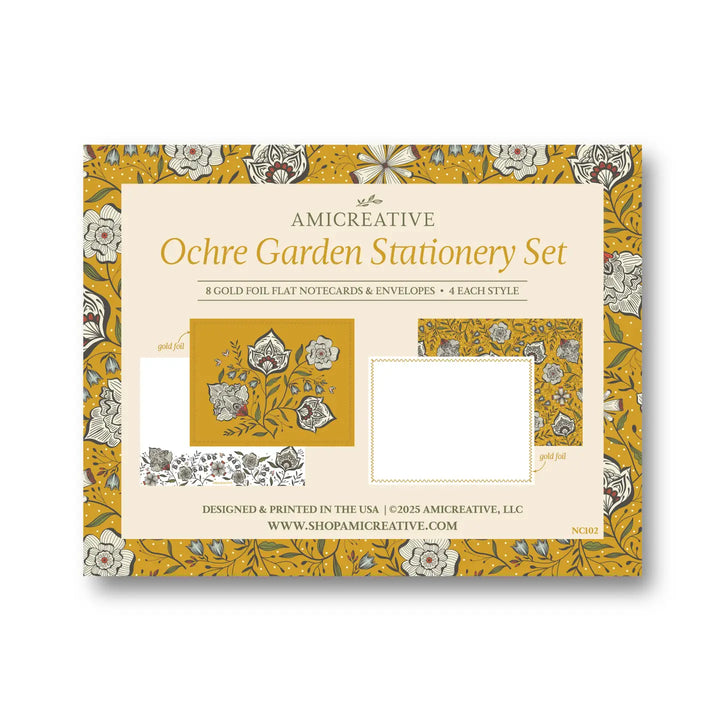 Ochre Yellow Floral Luxury Stationery Set – 8 Flat Notecards