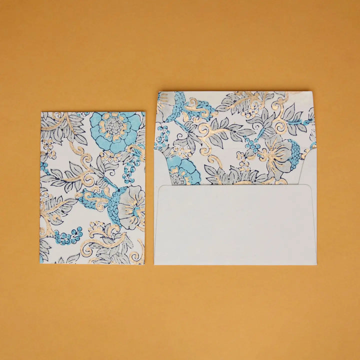 Hand Block Printed Greeting Card - Wild Rose Blue Opal