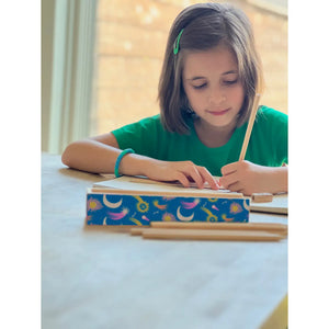 Wooden Pencil Box + Colored Pencils - Cosmic