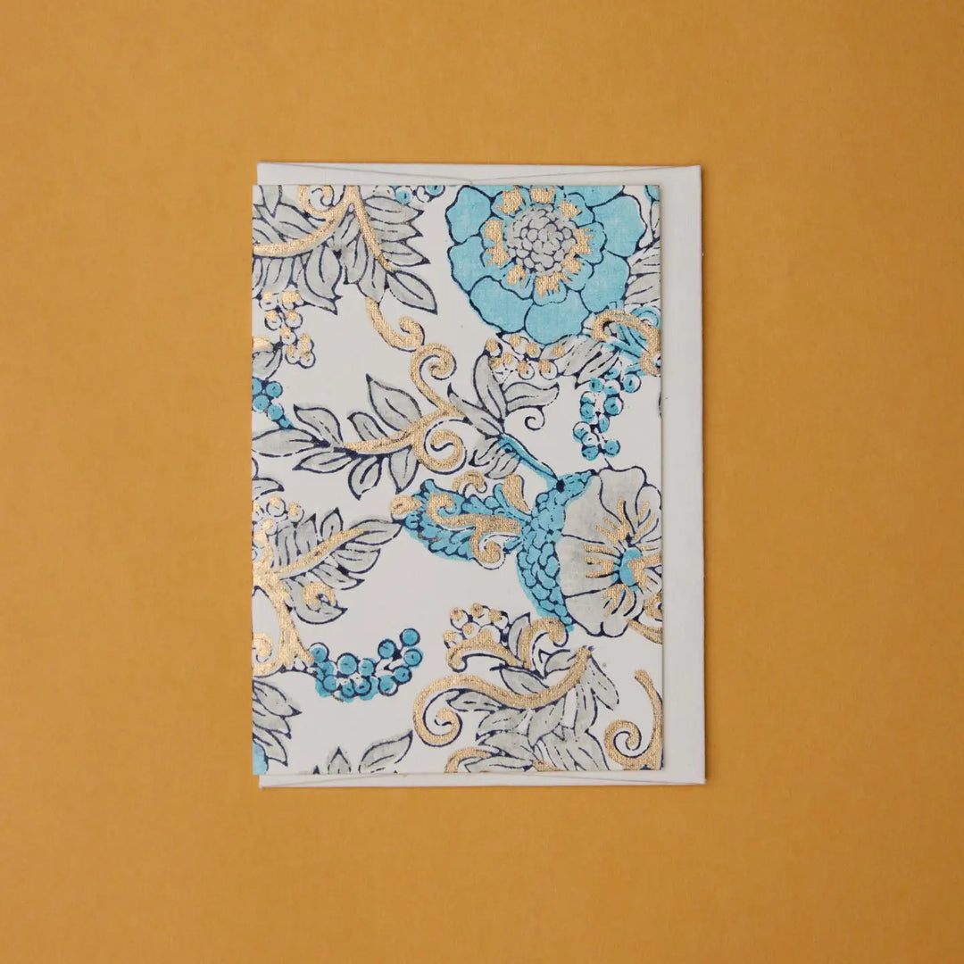 Hand Block Printed Greeting Card - Wild Rose Blue Opal