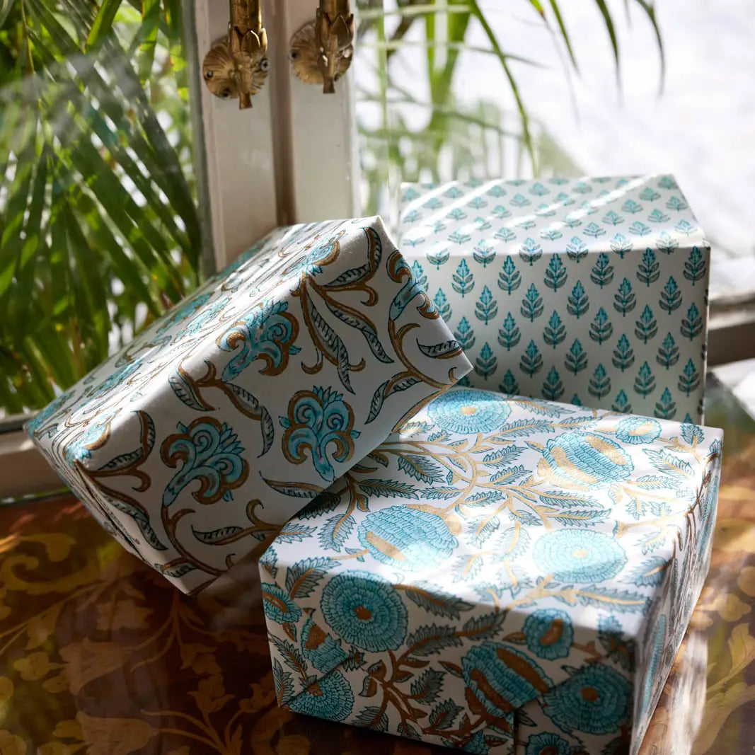Hand Block Printed Gift Wrap Sheets - Marigold Glitz Turquoise (Roll)