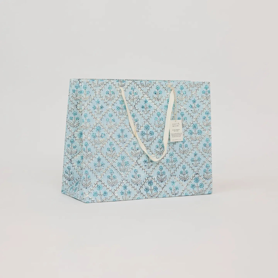 Hand Block Printed Gift Bags - Floral Lattice Blue Opal
