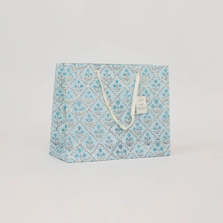 Hand Block Printed Gift Bags - Floral Lattice Blue Opal