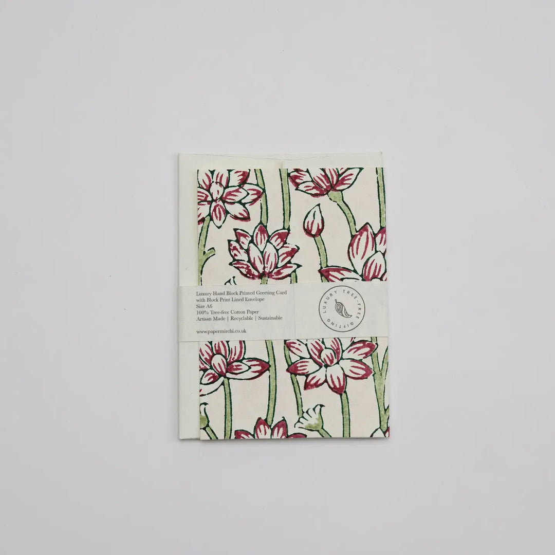 Hand Block Printed Greeting Card - Lotus Cherry