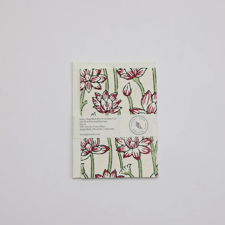 Hand Block Printed Greeting Card - Lotus Cherry