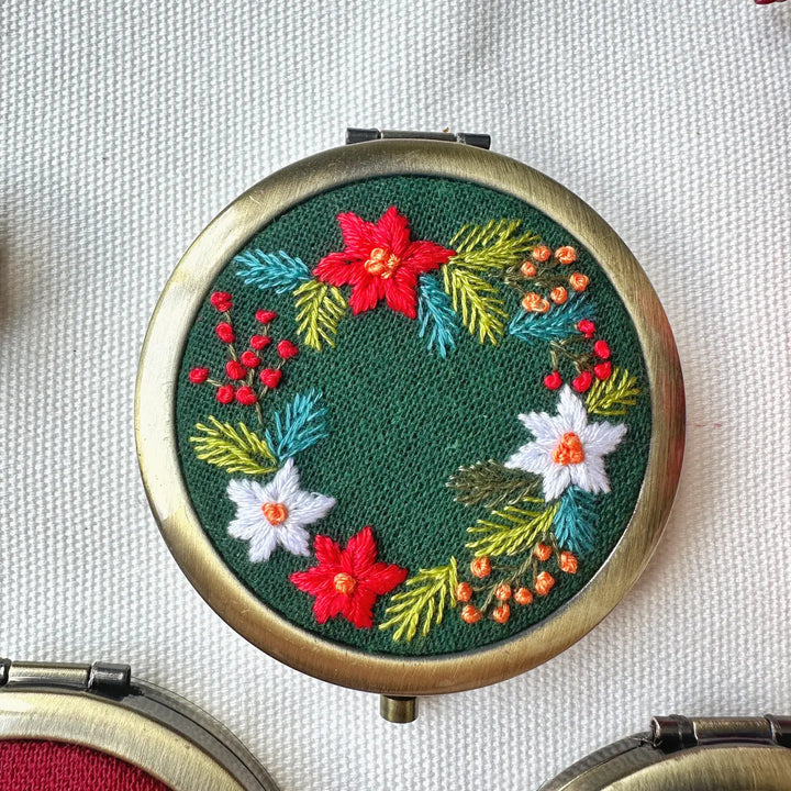 Green Floral Embroidered Compact Mirror